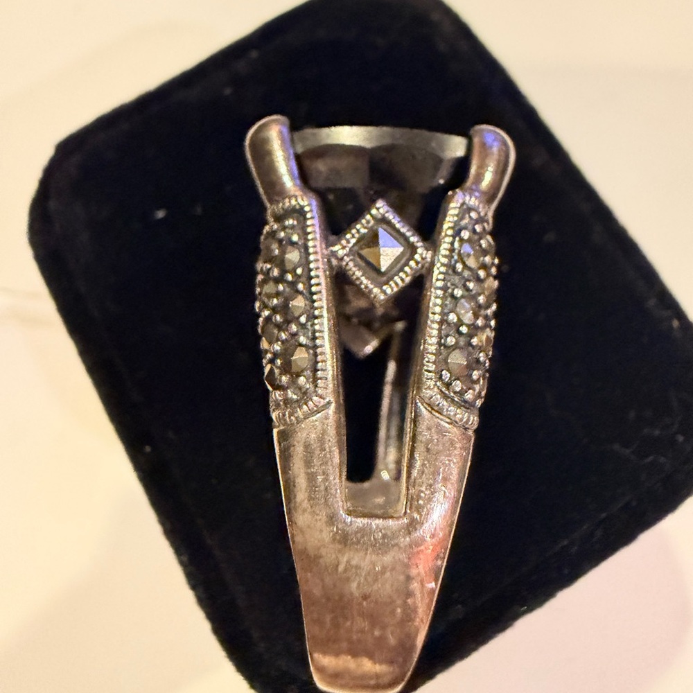 Sterling Silver Smoky Quartz Marcasite Statement Ring Art Deco Style - Picture 2 of 13